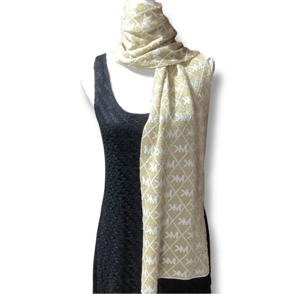 MICHAEL Michael Kors Signature Logo Sparkly Glittery Gold & Cream Colored Scarf